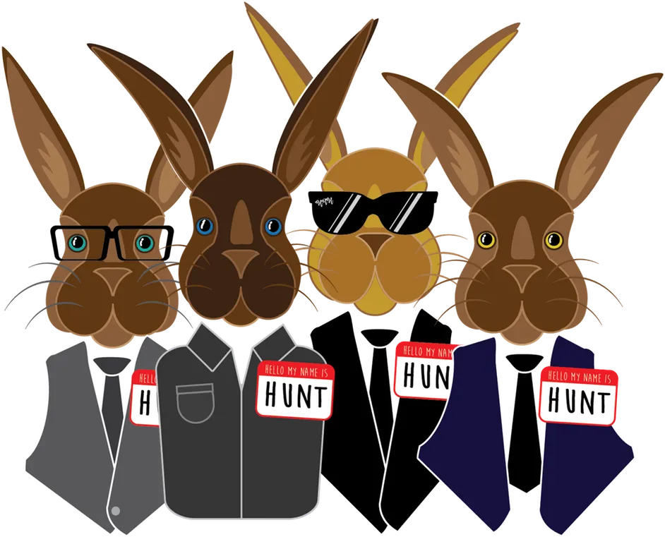 Hares in waistcoats and ties, each wearing a “Hello my name is Hunt” badge.